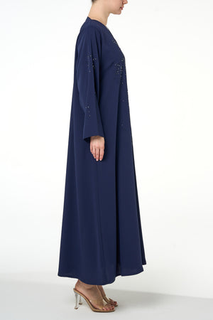 Blue Atlas Crepe Abaya, Front Beadwork