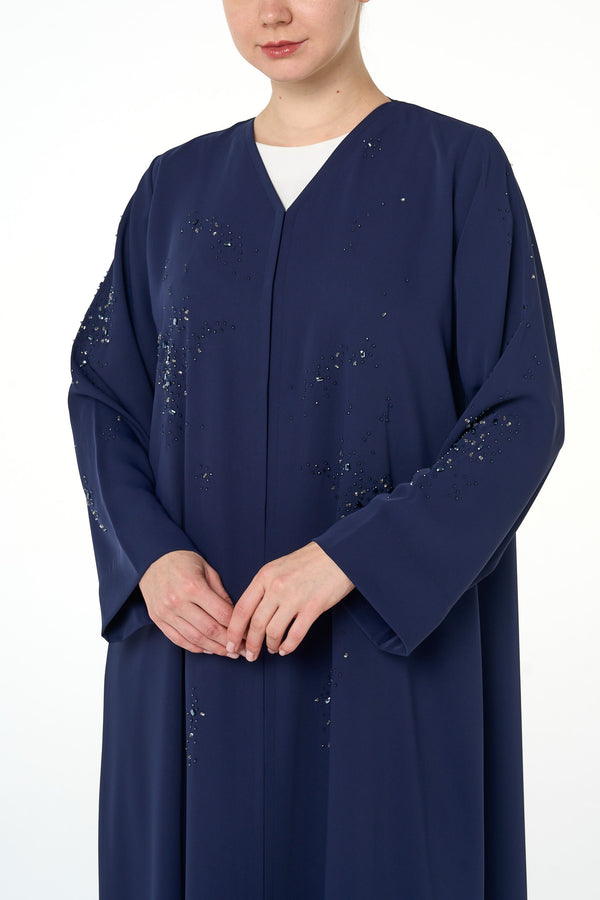 Blue Atlas Crepe Abaya, Front Beadwork