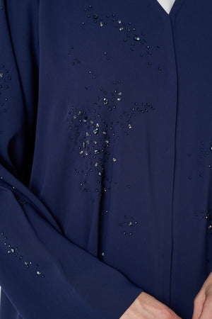 Blue Atlas Crepe Abaya, Front Beadwork