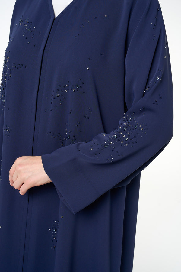 Blue Atlas Crepe Abaya, Front Beadwork