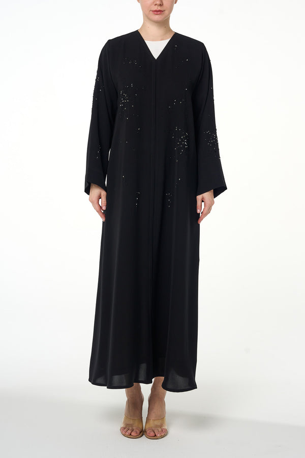 Black Arwa Crepe Abaya, Front Beadwork