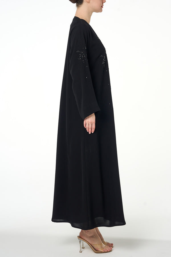 Black Arwa Crepe Abaya, Front Beadwork