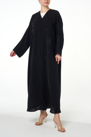 Black Arwa Crepe Abaya, Front Beadwork