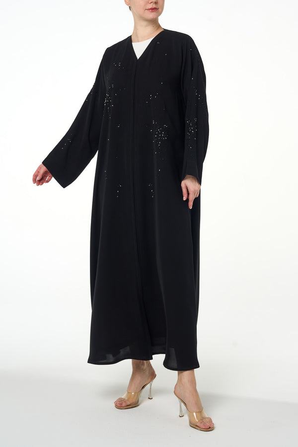 Black Arwa Crepe Abaya, Front Beadwork