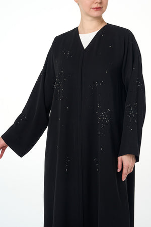 Black Arwa Crepe Abaya, Front Beadwork