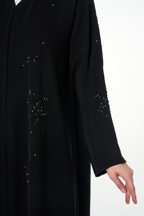 Black Arwa Crepe Abaya, Front Beadwork
