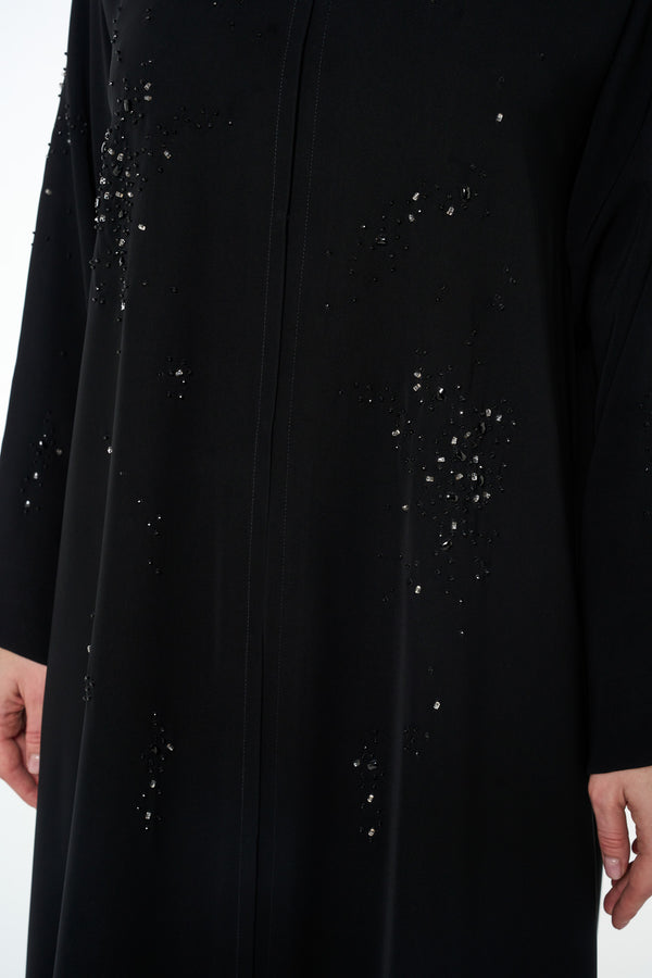 Black Arwa Crepe Abaya, Front Beadwork