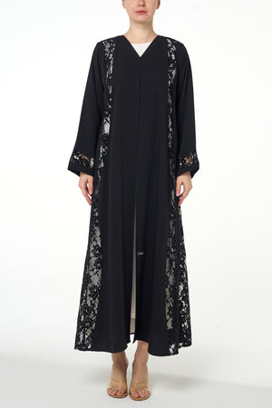 Black Atlas Crepe Abaya, Lace Detail