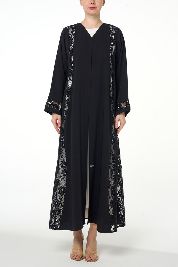 Black Atlas Crepe Abaya, Lace Detail