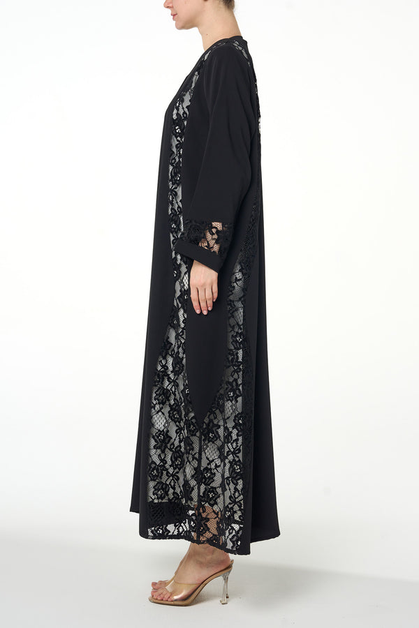 Black Atlas Crepe Abaya, Lace Detail