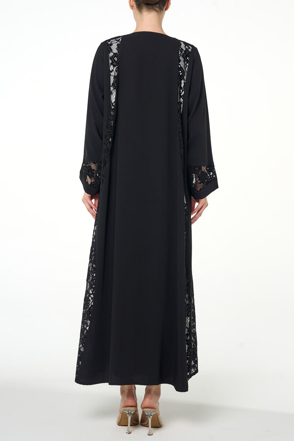 Black Atlas Crepe Abaya, Lace Detail
