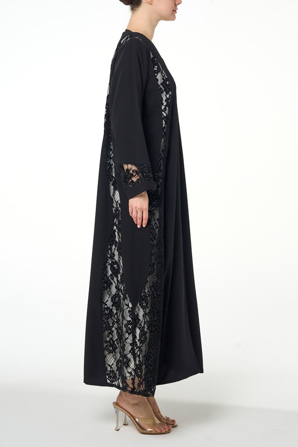 Black Atlas Crepe Abaya, Lace Detail