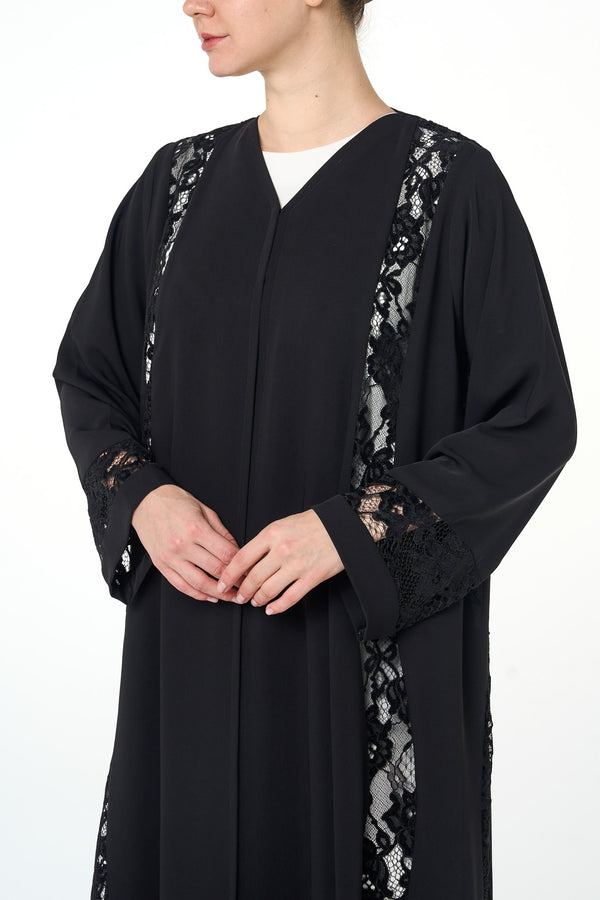 Black Atlas Crepe Abaya, Lace Detail