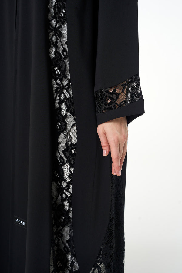 Black Atlas Crepe Abaya, Lace Detail