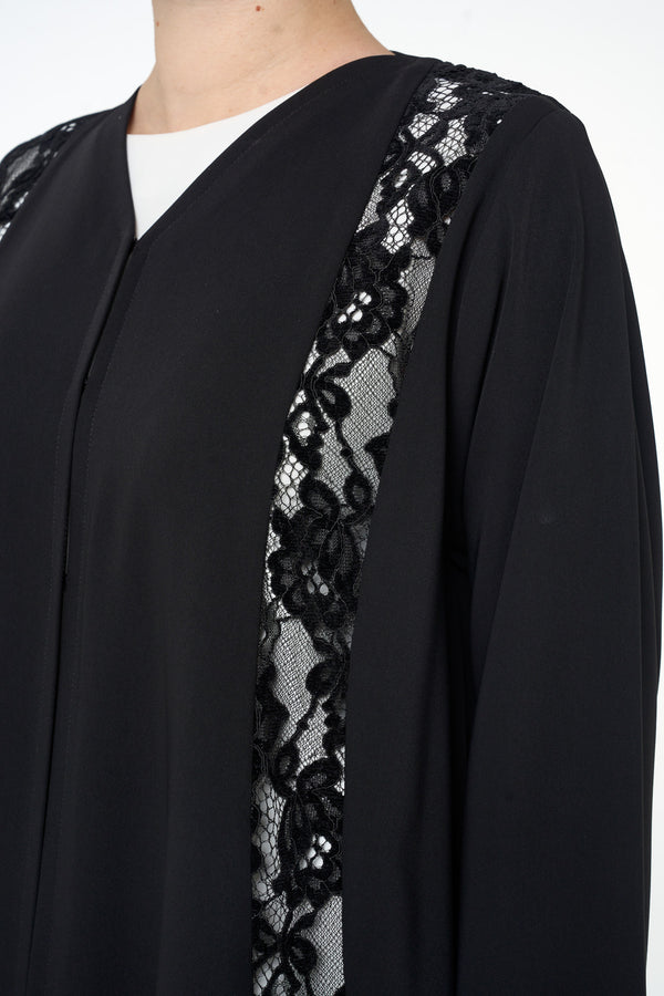 Black Atlas Crepe Abaya, Lace Detail