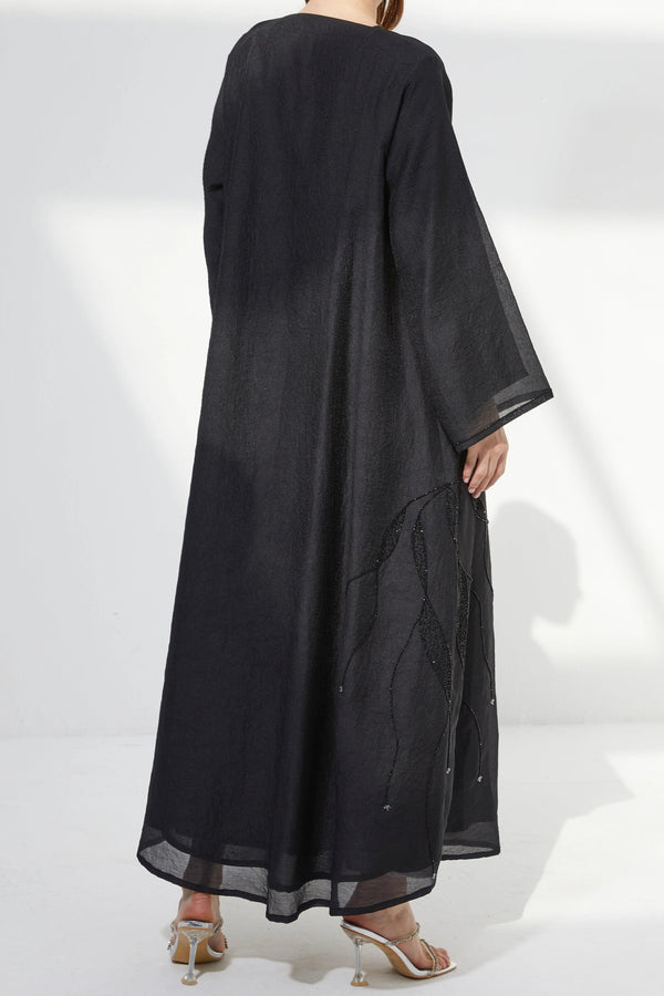 Black Organza Custom Abaya with Side Abstract Black & Silver Beadwork - Posh Abaya