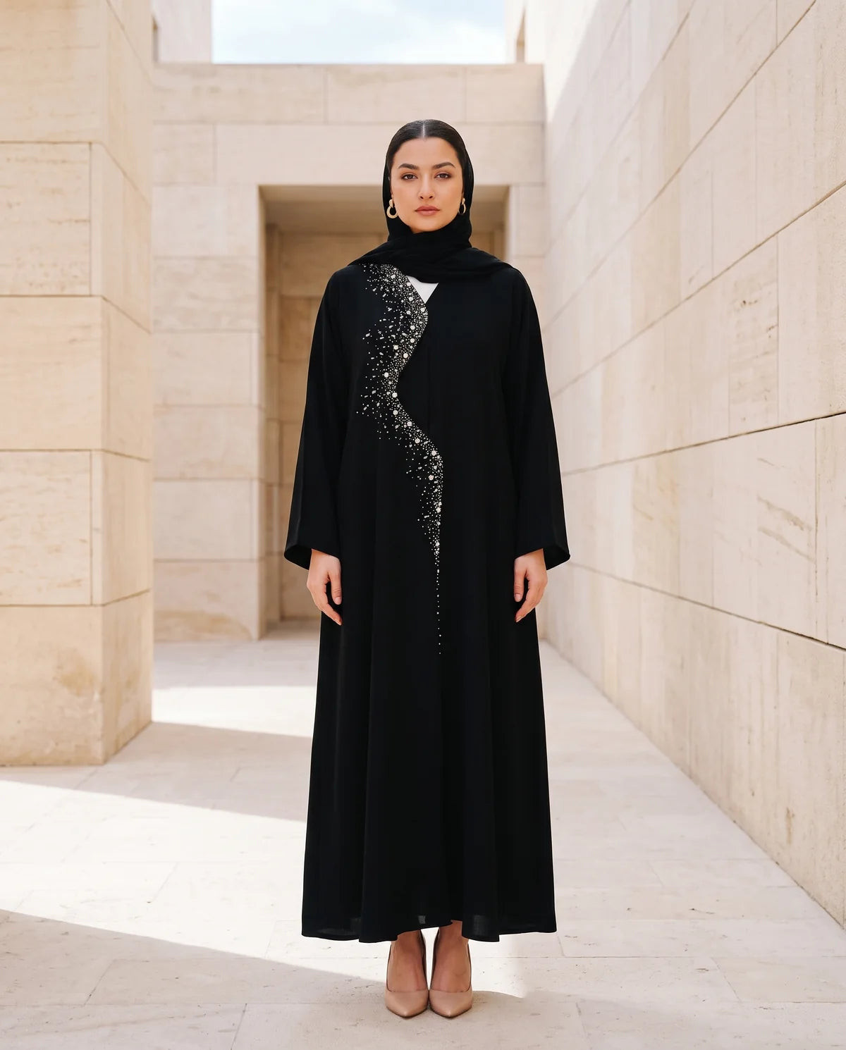 Black Arwa Crepe Abaya with front beadwork, POSH Abaya Fall Collection