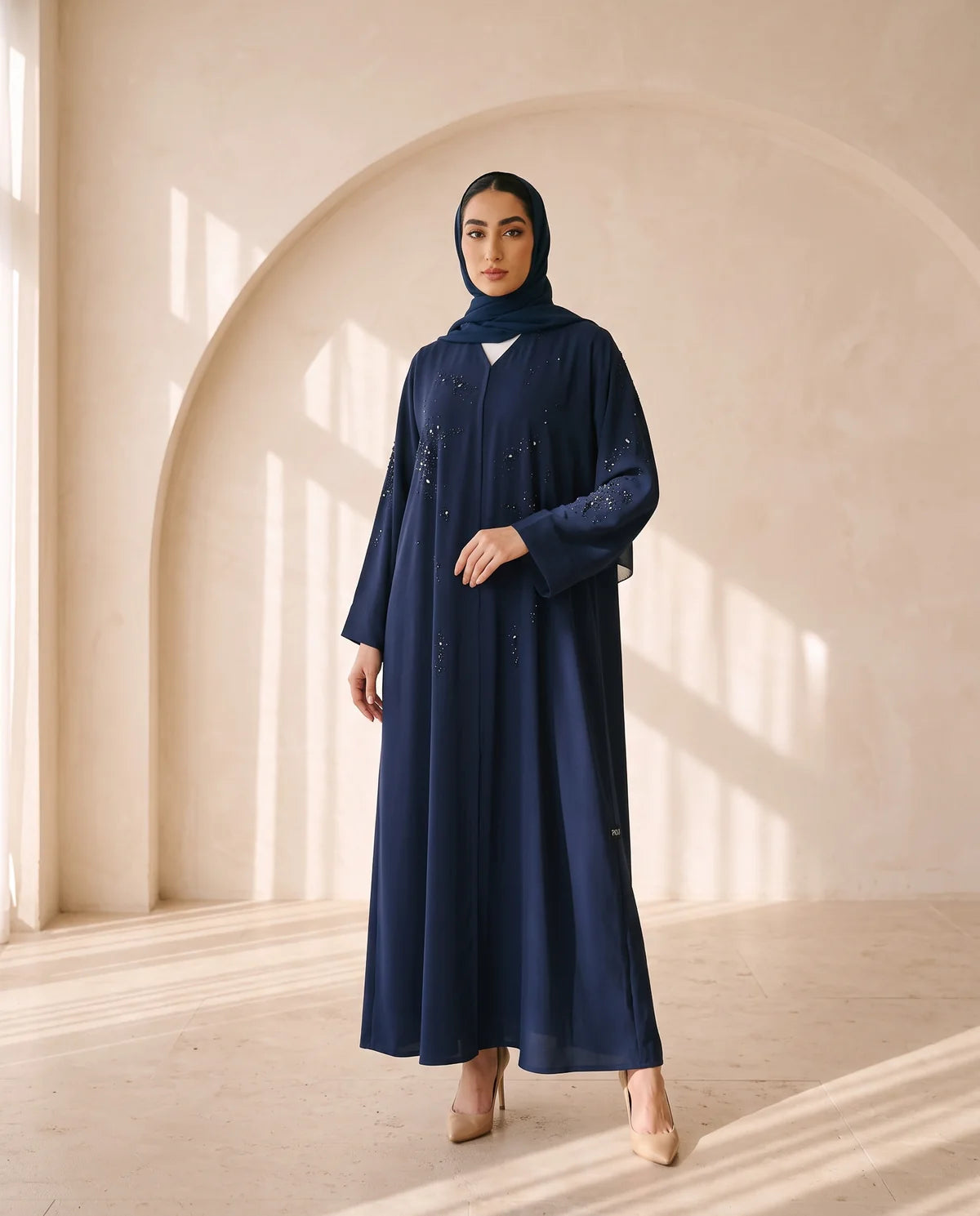 Blue Atlas Crepe Abaya with front beadwork, POSH Abaya Fall Collection