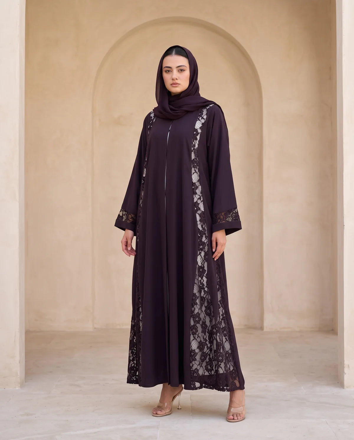 Purple Atlas Crepe Abaya with lace detail, POSH Abaya Fall Collection