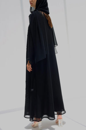 Black Lily Chiffon Custom Abaya  with Front Scattered Beadwork