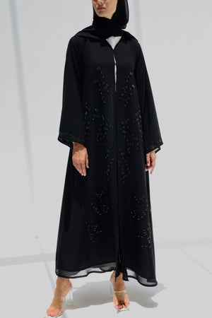 Black Lily Chiffon Custom Abaya  with Front Scattered Beadwork