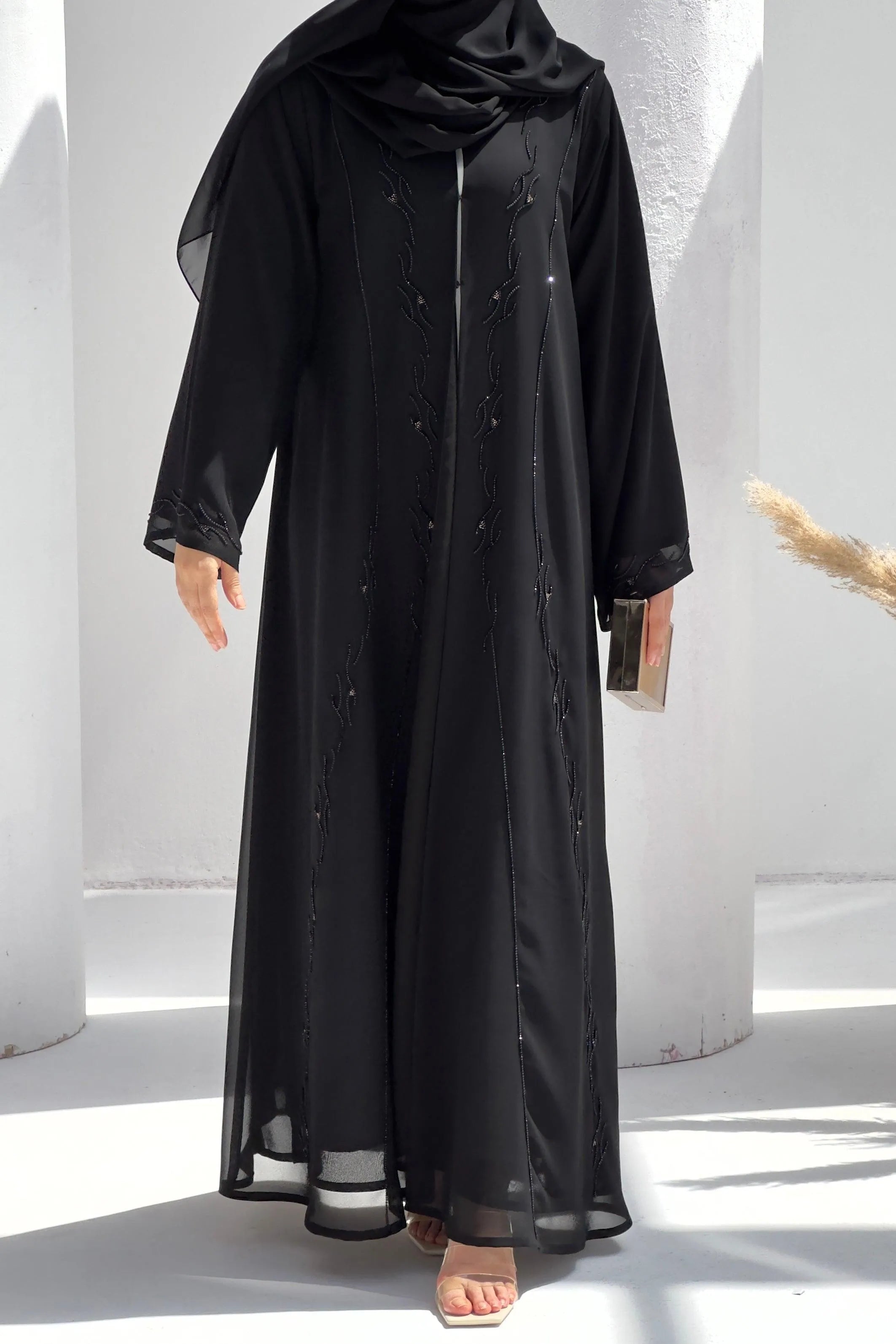 Black Chiffon Flared Custom Abaya with Black and Copper Beadwork - Posh Abaya