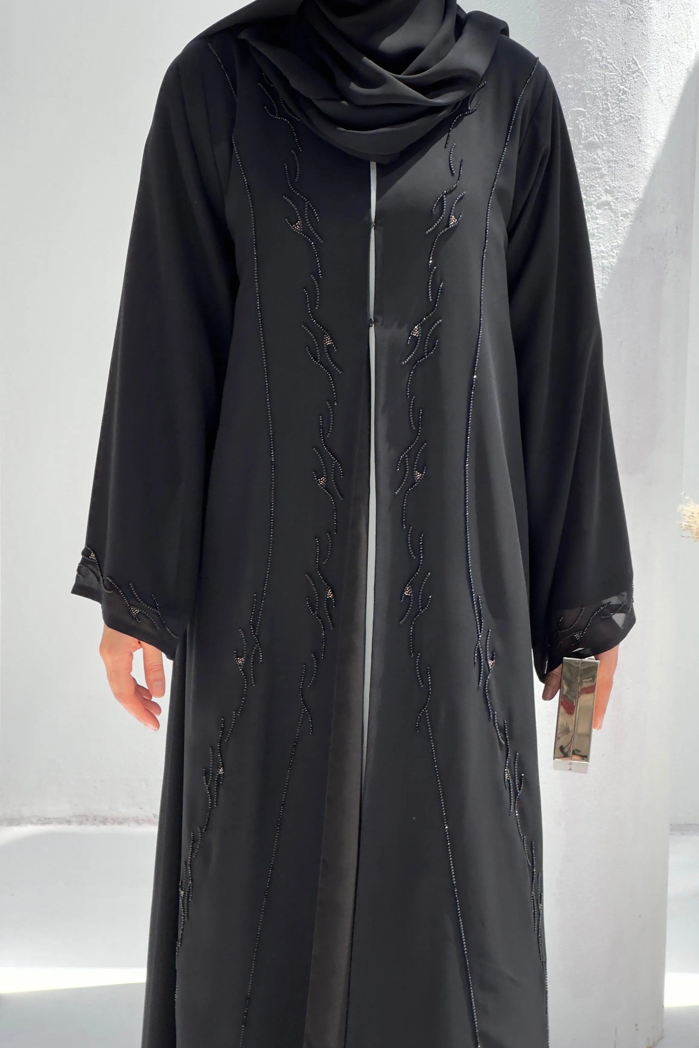 Black Chiffon Flared Custom Abaya with Black and Copper Beadwork - Posh Abaya