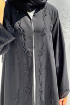 Black Chiffon Flared Custom Abaya with Black and Copper Beadwork - Posh Abaya