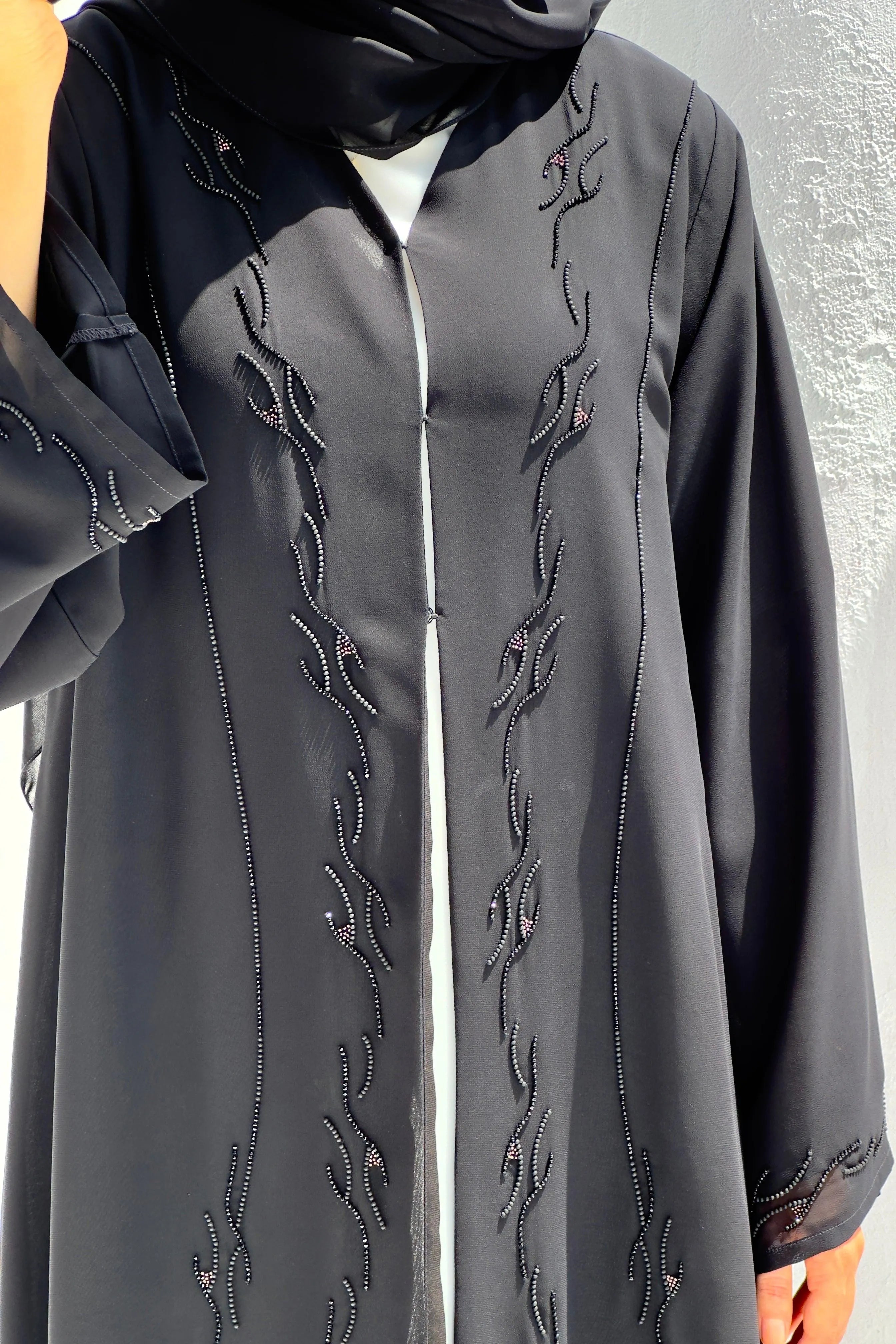 Black Chiffon Flared Custom Abaya with Black and Copper Beadwork - Posh Abaya