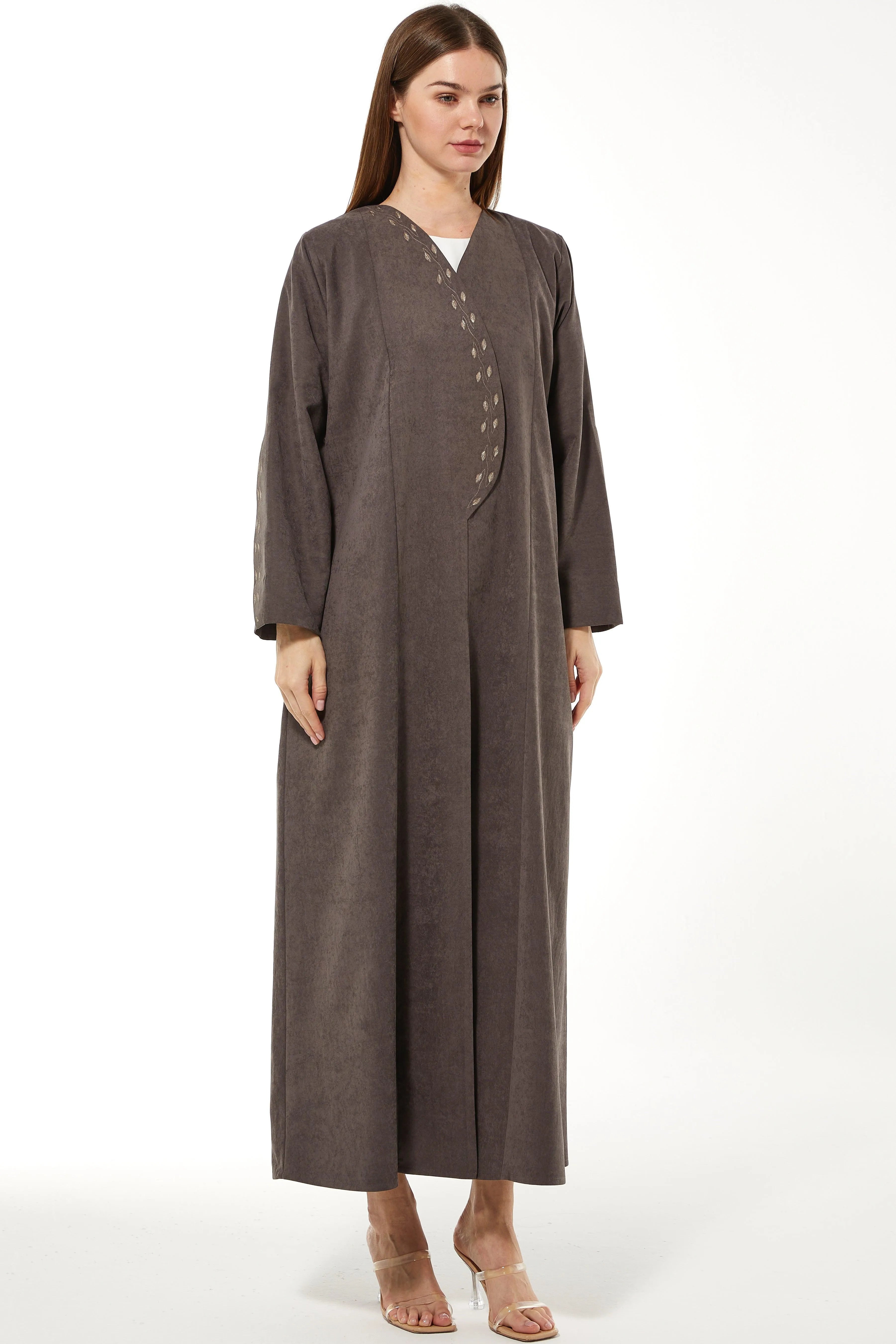 Blossom Suede Overlap Brown Abaya - Posh Abaya