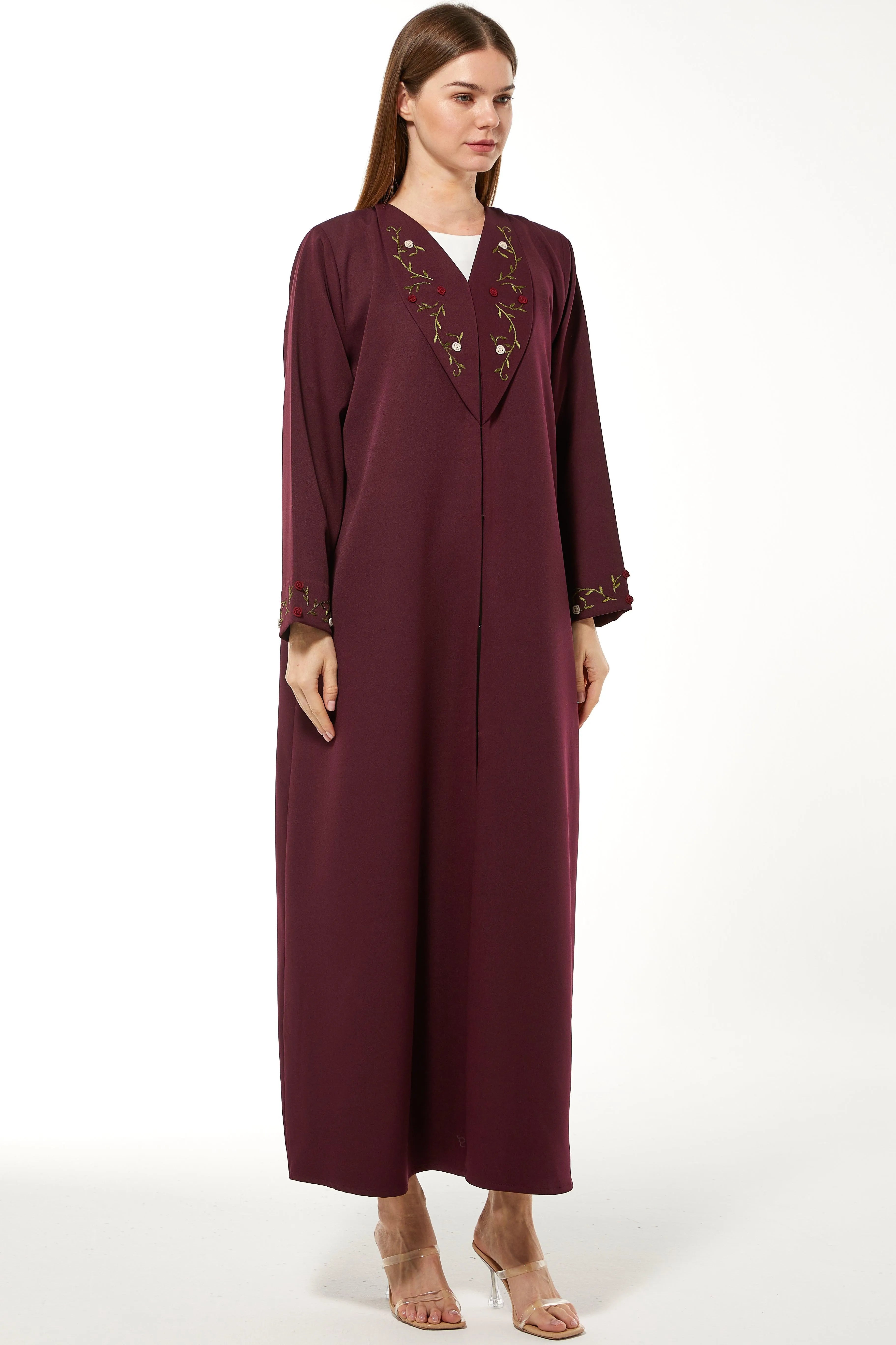 Maroon Rochester Crepe Abaya with Front 3D Floral Threadwork - Posh Abaya