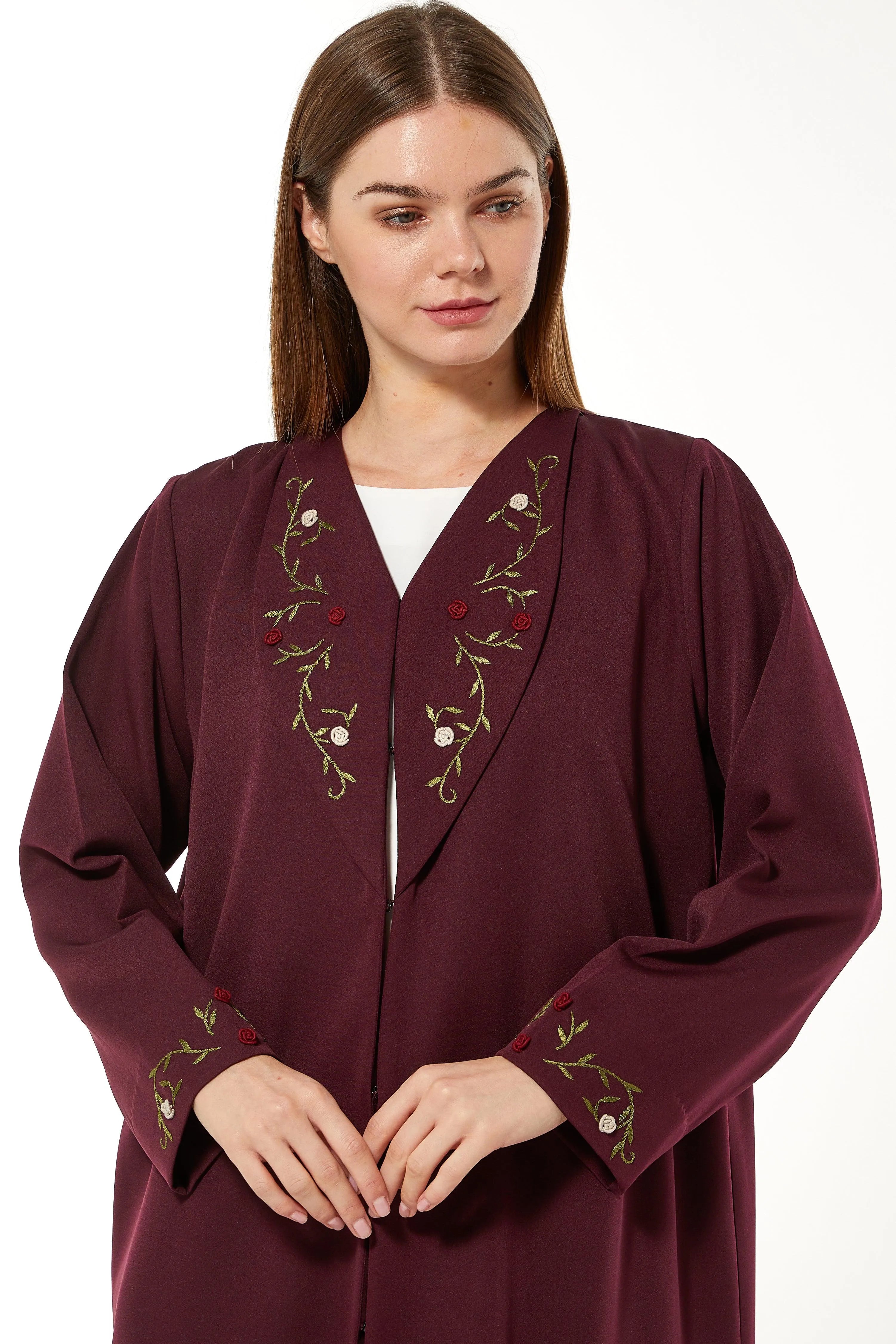 Maroon Rochester Crepe Abaya with Front 3D Floral Threadwork - Posh Abaya