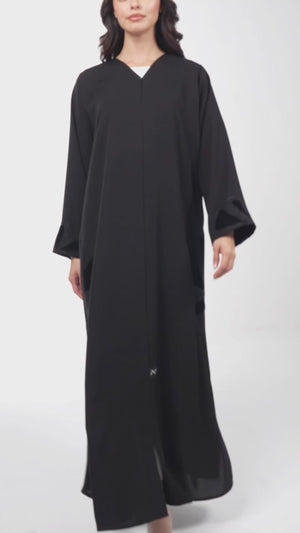 Black Farasha Crepe Abaya with Embroidered Petal Insert Detail