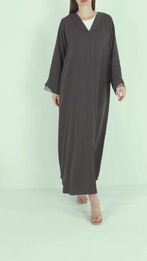 Green Zoe Crepe Abaya with Beaded Sleeve Detail