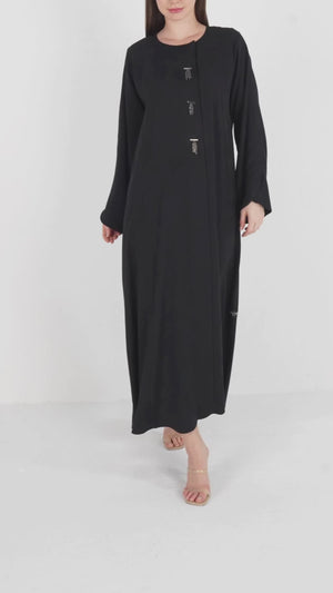 Black Fiona Jacquard Abaya with Beaded Tassel Accents