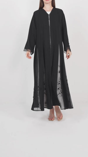 Black Royal Nada Abaya with Floral Beadwork Panels