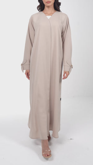 Beige Zoe Crepe Abaya with Petal Sleeve Gold Accent