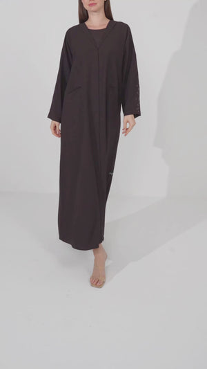 Brown Cool Crepe Abaya with Front Beadwork