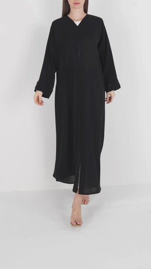 Black Shafa Crepe Abaya with Wave-Cut Button Detail