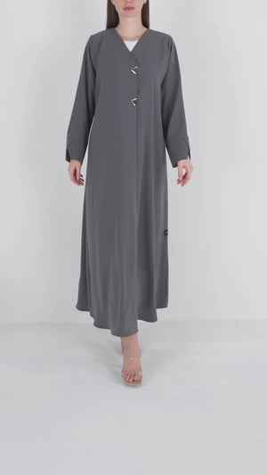 Grey Aroma Crepe Abaya with Gold Accent Buttons