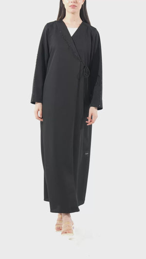 Black Emarati Crepe Custom Abaya with Front Overlap and Beadwork Details