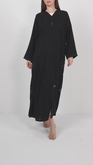 Black Farasha Crepe Abaya with Tatreez Embroidery