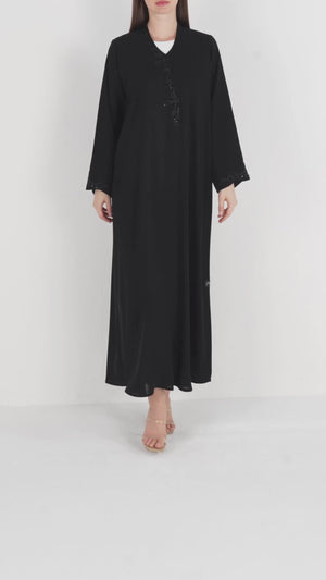 Black Shafa Crepe Abaya with Beaded Vine Detailing