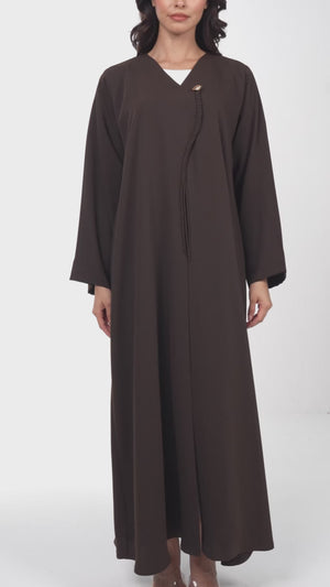 Brown Zoe Crepe Abaya with Braided Dori and Button Accent