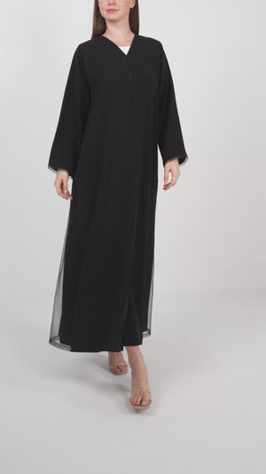Black Reya Crepe Custom Abaya with Beadwork Panels