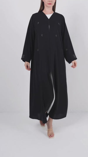 Black Farasha Crepe Custom Abaya with Front Floral Scatter Embroidery