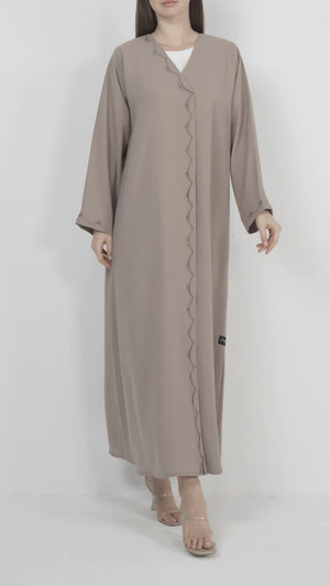 Beige Aroma Crepe Abaya with Scalloped Beadwork Panel