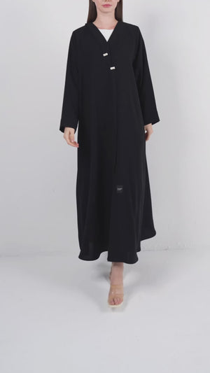 Black Wave Crepe Abaya with Overlap and Handwork Detail
