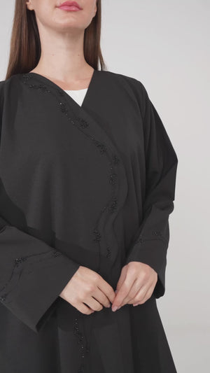 Black Kadi Crepe Custom Abaya with Overlap Beadwork Panel