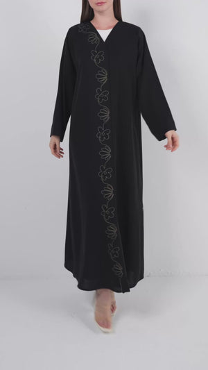 Black Farasha Crepe Abaya with Front Floral Linear Embroidery